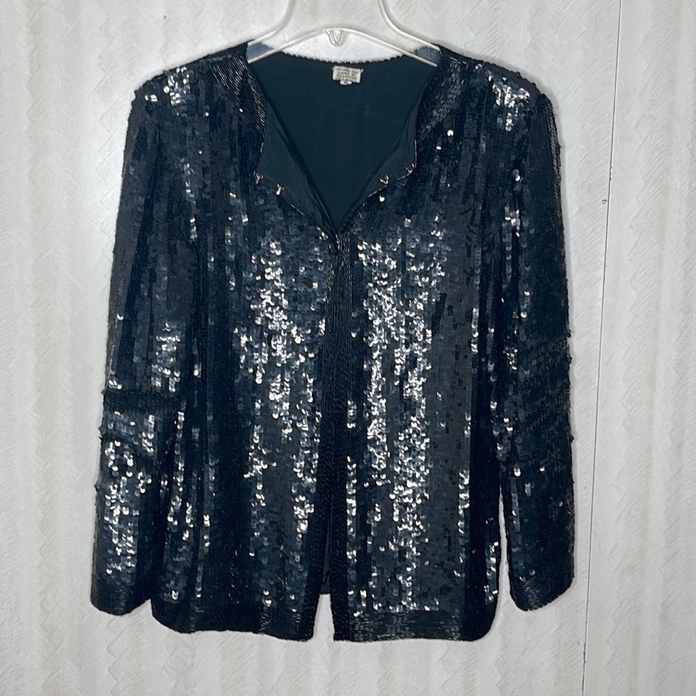 VINTAGE SUPER SILK Sequin BLACK Jacket Size S - Picture 2 of 4
